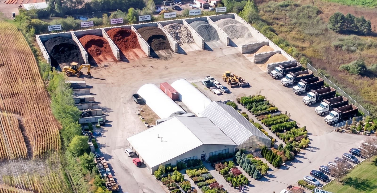 Aerial view of a Superior Wholesale contractor yard with labeled bulk material bays, dump trucks and rows of nursery stock